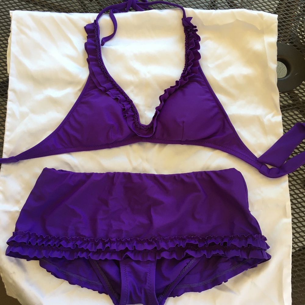 Allen B Purple Ruffle Trim Skirted Bikini